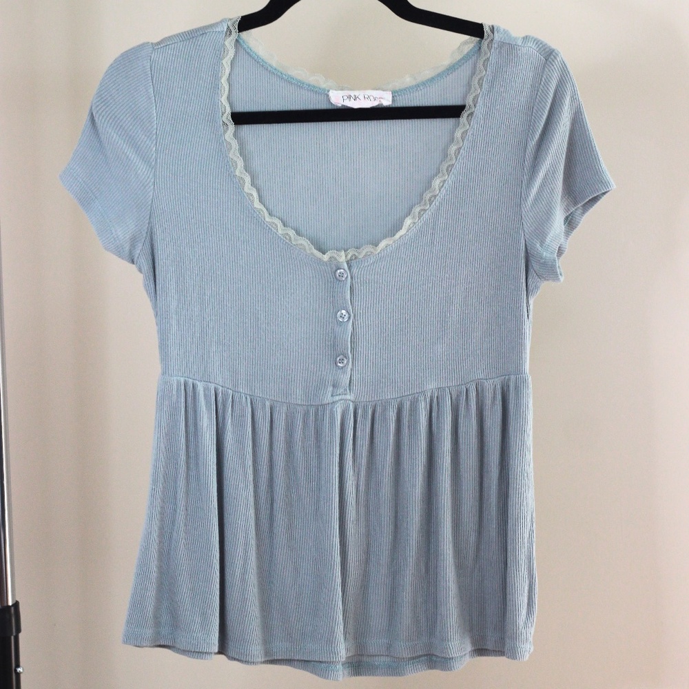 Pink Rose - Grey/Blue Women's Casual Henley Blouse SIZE S/M - Minor Defect